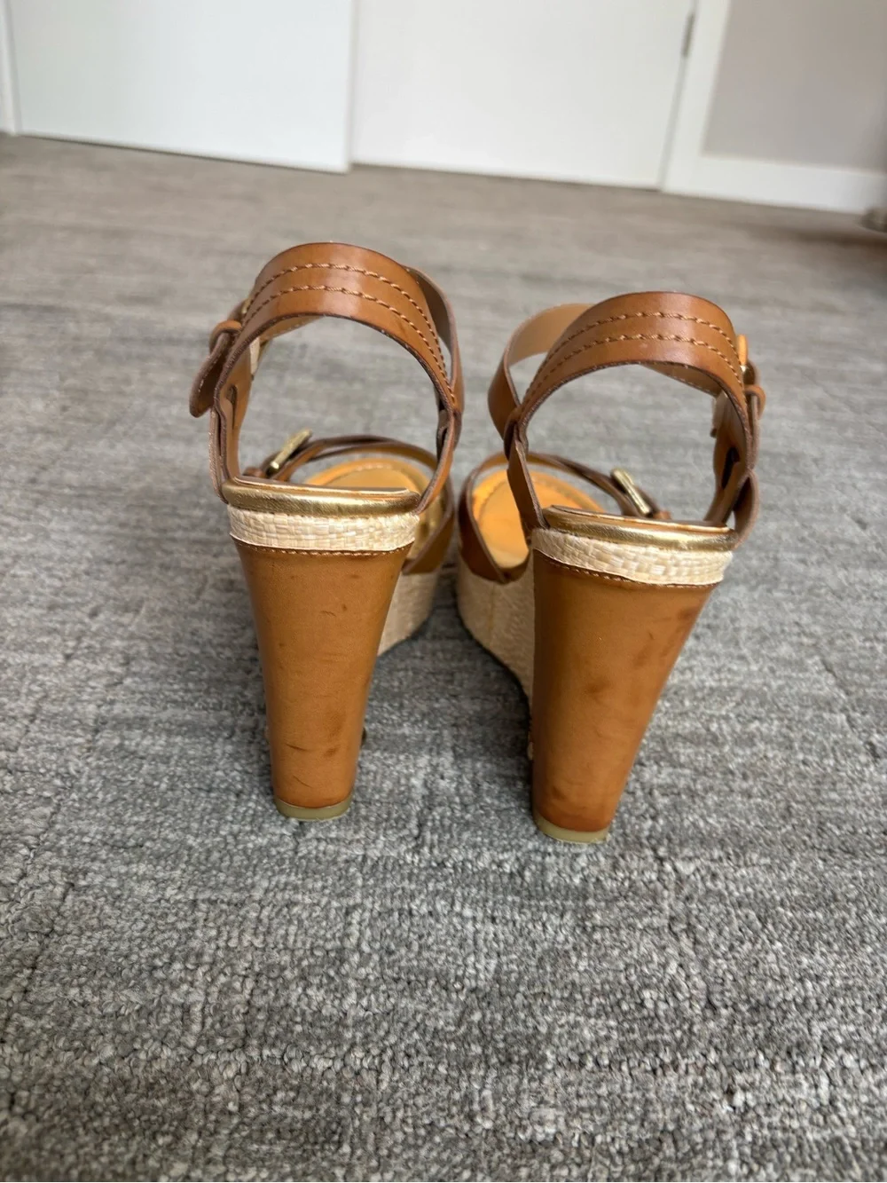 Women’s Tan Wedge Sandals with Buckle Detail